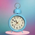 Sky blue vintage motorcycle style alarm clock with white quartz dial on pink base - Blue Round Alarm Clock