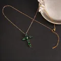 Titanium steel cross necklace in gold finish with green marquise stones and zircon pendant - Cross No.16 Gold (A1003)