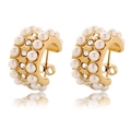 Elegant 18K gold-plated C-shaped earrings with rows of pearls and sparkling crystals - C-Shaped Rhinestone Pearl Earrings