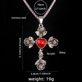 Silver stainless steel necklace with rose-patterned cross and red acrylic heart - Red Gemstone / Silver