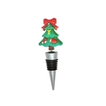 Green PVC Christmas tree wine stopper with red bow and metallic sealing cone - Bowknot Christmas Tree