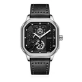 Men's square silver quartz watch with black leather strap and multi-dial display - Square Dial (Silver Case Black Dial)