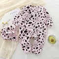 Pink cotton baby romper with cow print pattern, includes matching ruffled hat and side ties - 66cm / Pink