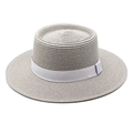 Close-up of light gray straw boater hat with woven texture and matching ribbon band - Gray