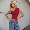 Sexy red one-shoulder slim fit top with ruched details for women in streetwear style - S / Red