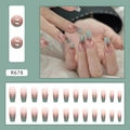 Press-on nails R678 long coffin style with pink to grey-green gradient finish - R678 Color Blocking Smudge (Glue Style)