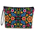 Ethnic floral canvas makeup bag with colorful patterns, silver zipper, and wrist strap - Symmetric Ethnic Floral (Style 1)