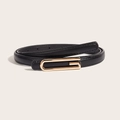 Minimalist black leather belt with gold U-shaped buckle for jeans on a beige background - Black