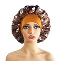 Floral satin sleep bonnet with wide orange elastic band for hair protection - 10896 Brown Floral