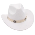 Detail of white cowboy hat with a leather band and engraved silver conchos decorations - White Cowboy (Cream Belt)