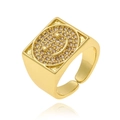 Detailed view of an adjustable gold square ring featuring a sparkling diamond smiley face - Smile Face Square Face (J-1415-C)