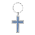 Minimalist silver cross keychain with blue carbon fiber inlay on white background - Silver Blue Carbon Fiber Cross (KY1196-Z)