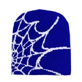 Royal blue knitted beanie featuring a white spider web jacquard pattern in Y2K style - One Size / Medium Blue & White