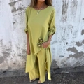 Women's mustard green loose two-piece set with irregular tunic and wide-leg trousers - S / Yellow