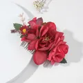 Bohemian bridal hair comb with deep red artificial roses and greenery on silver metal base - FS24-3 Red