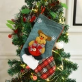 Green linen Christmas stocking with a 3D reindeer plush and red plaid accents - Christmas Reindeer Sock