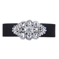 Elegant black elastic waist belt with sparkling crystal rhinestone flower buckle - White Rhinestone