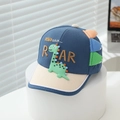 Close-up of navy and beige toddler baseball cap with 3D dinosaur embroidery and felt fins - 50-52cm (2-5 Years) / Blue