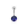 Close-up of a silver belly ring featuring a brilliant round blue gemstone and polished ball - Sea Blue Zirconia