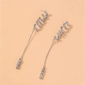Silver drop earrings featuring crystal MIU letter charms and long dangling rhinestone chains - Silver Rhinestone Letter Style