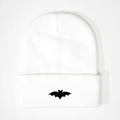 Close-up of the detailed black bat embroidery on the white ribbed knitted beanie hat - White