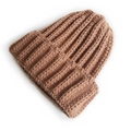 Unisex wide-ribbed knit beanie in camel brown with a warm folded cuff design - One Size / Coffee