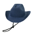 Classic navy blue woven straw cowboy hat with adjustable windproof cord for beach travel - Navy Blue