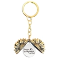 Detail of opening sunflower keychain with I love you TO THE MOON and back engraving - T00009 Gold Sunflower Silver Disc (I love you to the moon and back)