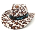 Cappello da cowboy in peluche leopardato con tesa larga e stemma vintage di toro - M(56-58cm) / Corona a Cuore Beige