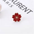 Elegant red enamel flower brooch pin with golden trim and opal heart accent - Sakura Red (40210A)
