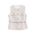 Chaleco elegante de tweed crema con botones dorados y cinturón a juego para mujer - S / Blanco