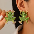 Creative frog stud earrings with green rhinestones and pearls on gold alloy base - KC Gold H-138