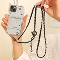 Transparent glitter iPhone case with black star patterns and crossbody metal chain strap - Gunmetal Black with Black Leather