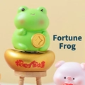 Cartoon green lucky frog figurine holding gold coin on golden ingot with wooden stand - A181 Lucky Golden Frog