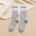 Grey cotton mid-calf socks with double white stripes in a casual Korean style - One Size / Light Gray
