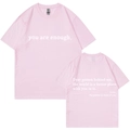 T-shirt en coton rose à col rond avec lettrage blanc imprimé sur le devant et le dos - S / Rose