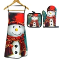 Three-piece Christmas kitchen set with red snowman apron oven mitt and heat pad - Snowman 3-Piece Set (Forest Green Base)