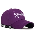 Purple cotton baseball cap with white Sports embroidery and branded decorative side ribbon - Adjustable / Purple