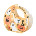 Orange Halloween moon-shaped paper gift box with pumpkin and ghost prints and handle - Yellow