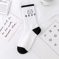 White cotton crew sock with black bear head embroidery and BEAR text in ins style - Black White Bear (No.04 BEAR Lettering)