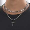 Men's double layered silver Cuban and rope chain necklace with cross pendant on model - Silver