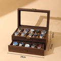 Double-layer dark brown wood watch box with glass lid and drawer, 34x21x15cm - Double Layer 20-slot