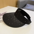 Women's summer open top sun hat with rhinestones and wide brim for travel sun protection - Rhinestone Wide Brim Visor / Black