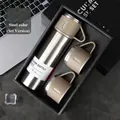 500ml steel color vacuum flask set with three cups in premium black business gift box - 1 Bottle + 2 Cups Set / Steel Set