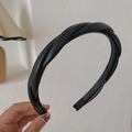 Braided black faux leather sponge headband with inner teeth for secure grip - PU Leather Braided Style / Black