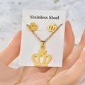 Elegant golden stainless steel crown necklace and stud earrings set on a display card - TT-007/Gold Crown
