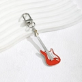 Retro red electric guitar keychain with silver metal lobster clasp on white background - Red
