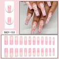 Long coffin pink gradient press-on nails with white cherry blossoms and tiny rhinestones - Pink Gradient White Hawaiian Flower Rhinestone Style (SGCY-153)