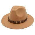 Ethnic style khaki wool felt fedora hat featuring a shell and metal bead belt accessory - Camel