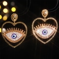 Golden heart earrings with blue evil eye crystal design and drop-shaped gemstone - Light Blue Evil Eye